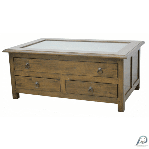 Glass Case Table MD8034 โต๊ะกลางไม้แท้หน้ากระจก พร้อม 3 ลิ้นชัก