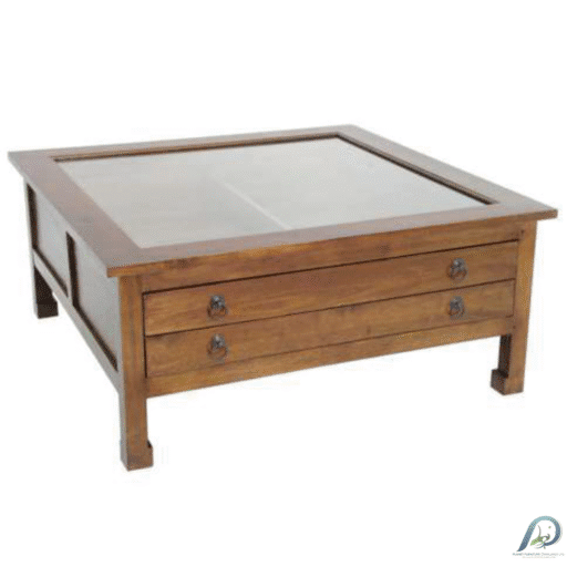 MD8148 โต๊ะกลางไม้แท้ท็อปกระจก 2 ลิ้นชัก (Glass China Table)